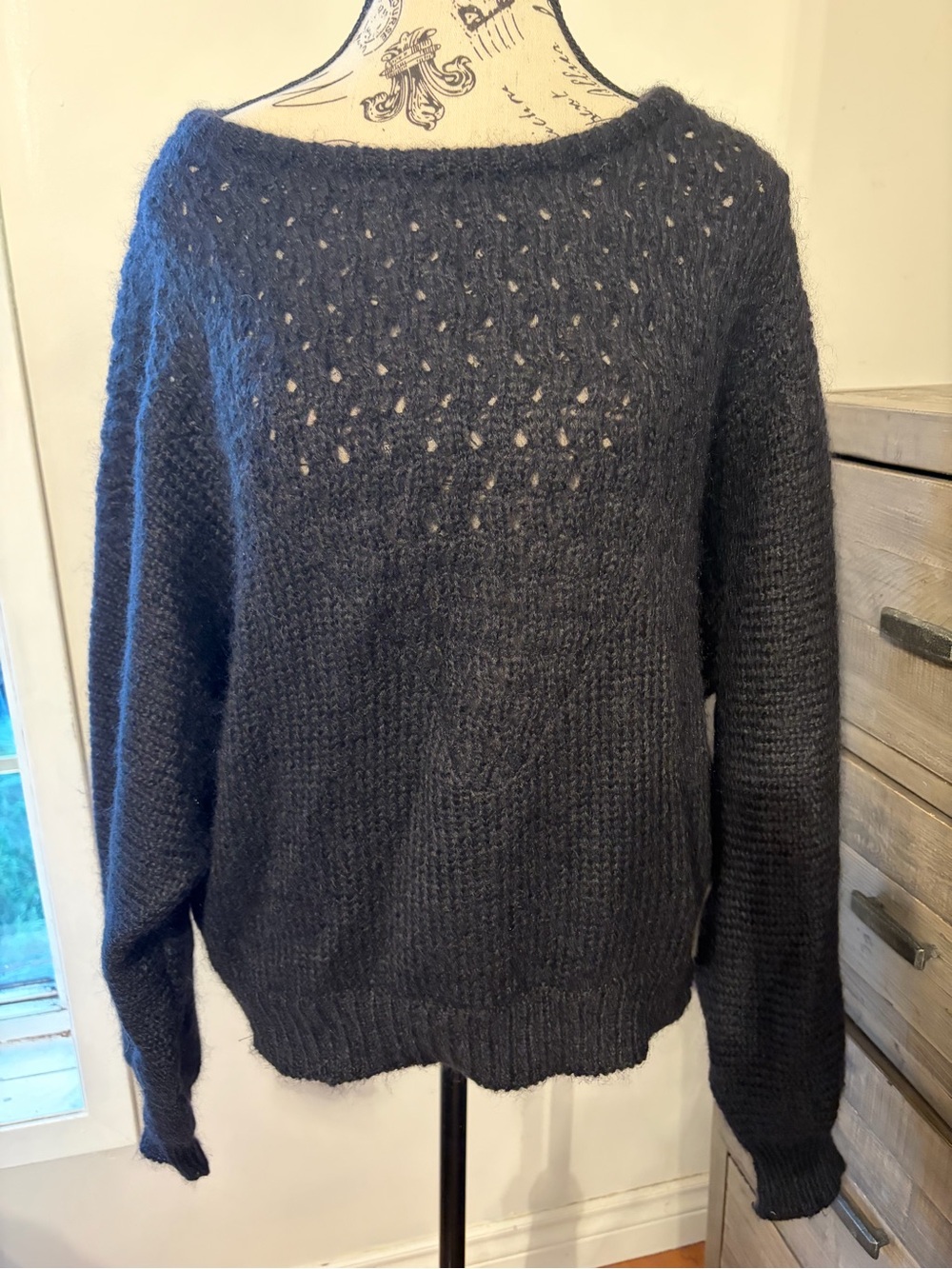 Vintage Size L Mohair Open Knit Black Crewneck Sweater with Dolman Sleeves EUC